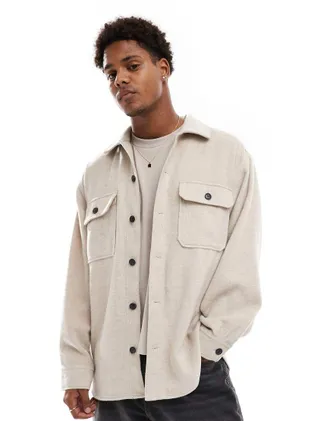 Jack & Jones heavy brushed twill overshirt in beige-Neutral
