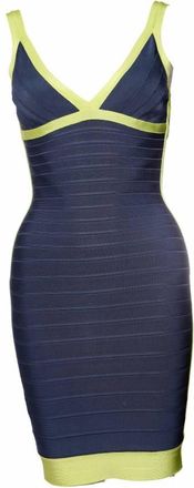 H&eacute;rve L&eacute;ger Herve Leger, blauwe bodycon jurk met limoen groene omlijsting in maat S