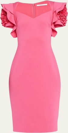 Badgley Mischka Rosette-Sleeve Sweetheart Midi Dress