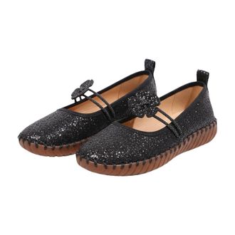 Generic Size 4.5 Ladies Glitter Flower Wedding Mary Jane Ballet Flats with Strap Sequins Dress Shoes for Women Black Trendy Footwear