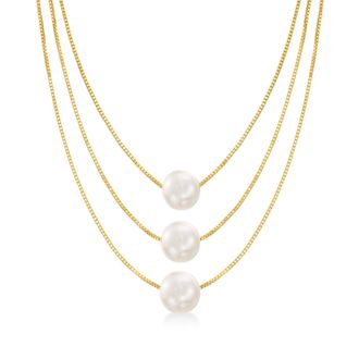 Ross-Simons 9-9.5mm Cultured Pearl 3-Strand Layered Necklace in 18kt Gold Over Sterling