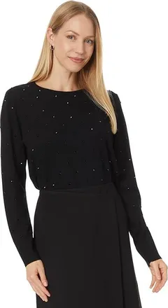 Elliott Lauren Jet Setter - Crew Neck Sweater with Jet Black Rhinestones Womens Sweater Black : SM, Polyester/Viscose