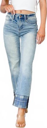 Judy Blue High Waist Vintage Plaid Cuff Straight Jeans In Medium Wash