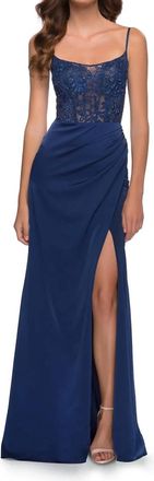 La Femme Satin With Sheer Illusion Lace Beaded Bodice Gown In Navy