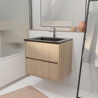 Aurlane Aurlane - Mueble De Ba&ntilde;o 60 Cm 2 Cajones Roble Claro + Lavabo De Cer&aacute;mica Negra