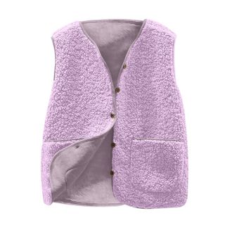 Generic Teddy Fleece Gilet for Women Sleeveless V-neck Button Down Vest Sherpa Fluffy Solid Lightweight Waistcoat Cozy Autumn Winter Jackets with Pockets Ladi