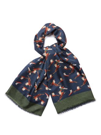 Oliver Brown Wool and Silk Flying Pheasant Scarf - Navy