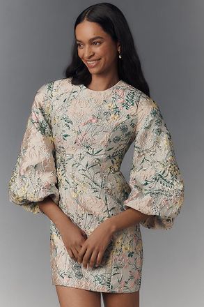 Mac Duggal Puff-Sleeve Brocade Mini Dress