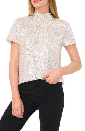 CeCe by Cynthia Steffe Sequin Mock Neck Top in Champagne at Nordstrom, Size Large