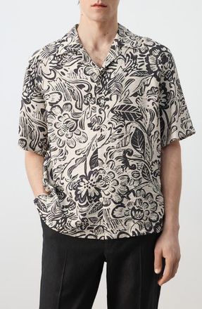 Mango Printed Textured Camp Shirt in Beige at Nordstrom, Size Medium