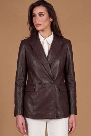 D'Arienzo Blazer doppiopetto in pelle color testa di moro chiusura bottone DArienzo, Seleziona Taglia XS, Colore Testa di moro