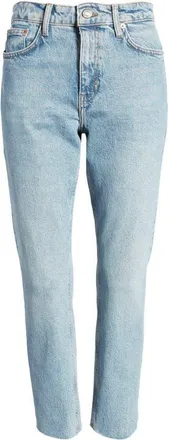 Topshop High Waist Raw Hem Straight Leg Jeans in Light Blue at Nordstrom, Size 30 X 32