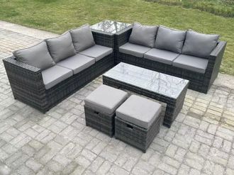 Fimous Outdoor Rattan Garden Furniture Lounge Sofa Set With Oblong Rectagular Coffee Table in Dark Grey