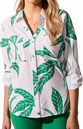 Tribal Palm Foliage Rolled Sleeve Campshirt Blouse In Green