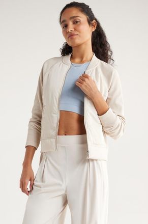 Zella Seamless Mixed Media Bomber Jacket in Grey Moonbeam at Nordstrom, Size X-Small