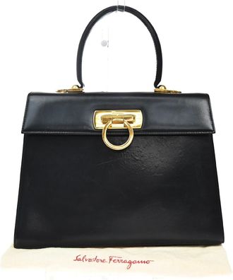 Ferragamo Gancini Convertible Top Handle Bag Suede Black Leather Handbag (Pre-Owned)