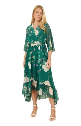 Yumi Bird And Floral Print Midi Wrap Dress in Green at Nordstrom, Size 10