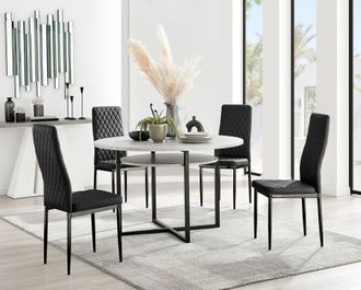 Furniturebox Adley Grey Concrete Effect & Black Round Dining Table with Shelf & 4 Velvet Milan Dining Chairs