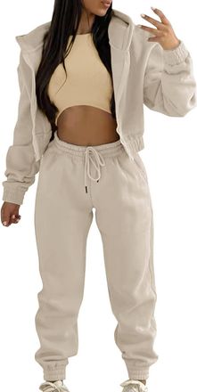 Generic Womens Casual Stylish Tracksuit Set Long Sleeve Solid Tops and High Elastic Waist Straight Trousers Hoodie Jogger 3 Piece Loungewear Outfit Track Suit