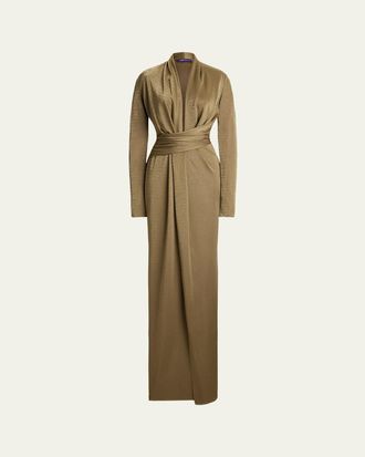 Ralph Lauren Collection Ashten Metallic Jersey Long-Sleeve Gown
