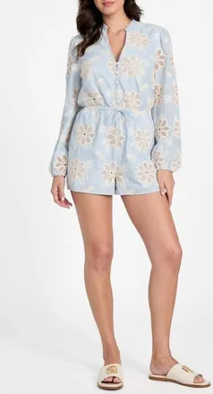Guess Hazel Floral Embroidered Long Sleeve Cotton Voile Romper in Blue at Nordstrom, Size Medium