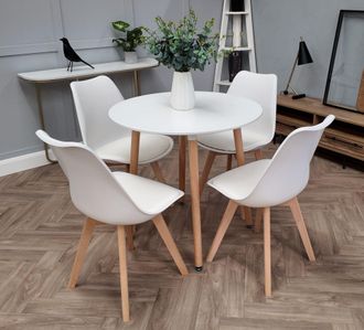 Life Interiors 5PCs Dining Set - a Round Dining Table & Set of 4 Lorenzo Tulip chairs with Padded Seat in White