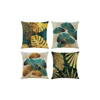 OEM Juego De 4 Fundas De Coj&iacute;n Cuadradas De 45x45 Cm Con Dise&ntilde;o De Hojas Verdes Y Doradas, Fundas De Lino Para Cojines De Sof&aacute; De Sal&oacute;n