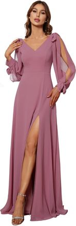 Ever-pretty Womens Long Sleeves V-Neck Off Shoulder A Line Thigh High Slit Chiffon Floor Length Wedding Guest Dresses Orchid 28UK