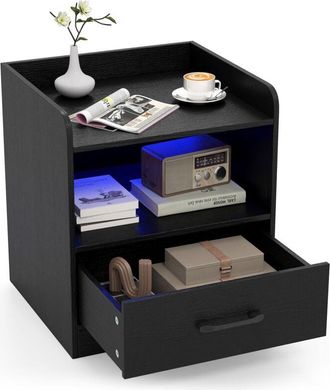 Costway Comodino a 3 Livelli, Tavolino da Notte con Mensola Aperta e Cassetto Estraibile, Tavolino da Salotto con Luce, Telecomando, 44,5 x 40 x 50