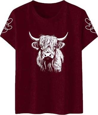 Generic Highland Cow Animal Motif Art Highland Cow T-Shirt Womens Cow Shirt Cute Cow T Shirt Interesting Animal Pattern Farm Life T Shirt Casual Short Sleeve 
