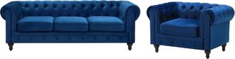 Beliani Conjunto De Sof&aacute;s Chesterfield Tapizado En Terciopelo Azul Cobalto Patas De Madera Oscura Sof&aacute; 3 Plazas + Sill&oacute;n Estilo Cl&aacute;sico Chesterfield