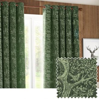 furn. Winter Woods Animal Chenille Eyelet Curtain Pair in Emerald | Size: 168 cm width x 229 cm drop