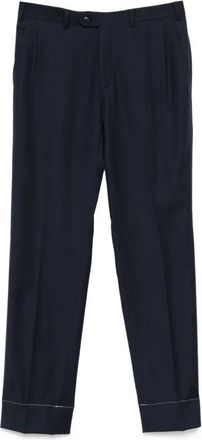 Brioni Donkerblauwe geplooide broek met knoopsluiting - Heren - Straight fit broeken - Blauw - 3XL - Broeken