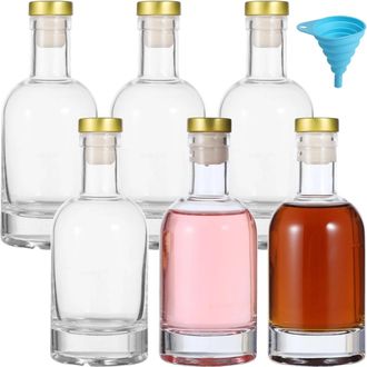 OEM Juego De 6 Botellas De Vidrio Con Tap&oacute;n De Rosca Y Embudo, 177 Ml, Para Licores, Cocina Y Bar