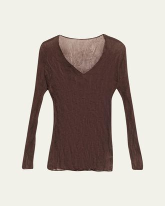 Issey Miyake Long-Sleeve Sheer Pleated V-Neck Shirt