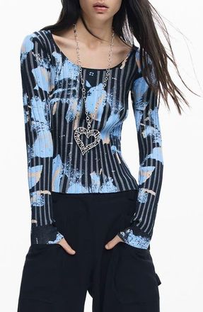 Desigual Abstract Print Rib Top in Blue at Nordstrom, Size X-Small