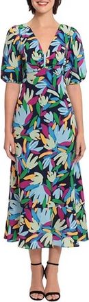 Donna Morgan Short Sleeve Leaf Print Midi Dress In Navy Light Blue