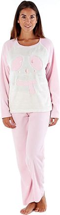 Selena Secrets Ladies Snuggle Fleece Teddy Bear Applique Pyjamas Novelty Xmas Winter Warm PJs Charcoal Marl Grey Pale Hot Pink Size UK 8 10 12 14 16 18