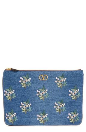 Valentino Garavani Medium VLOGO Embroidered Denim Pouch in Blue Multi at Nordstrom