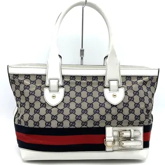 Gucci Beige Navy White Gg Canvas Tote Bag (Pre-Owned)