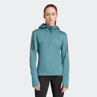 adidas Laufshirt ADIDAS PERFORMANCE OWN THE RUN WINTERIZED HOODIE MIT HALBEM REISSVERSCHLUSS, Damen, Gr. L, preloved teal, Obermaterial: 88% Polyester, 12% E