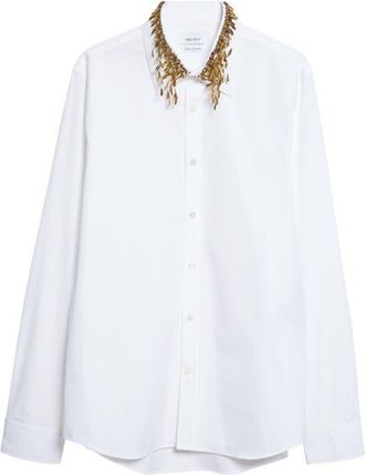 Alexander McQueen Gold Leaves & Crystal Embroidered Collar Cotton Poplin Button-Up Shirt in White at Nordstrom, Size 16.5