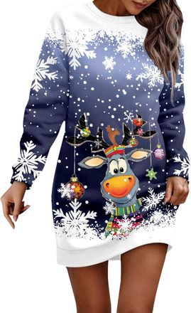 Generic Christmas Sweater Dress for Womens UK Xmas Jumper Sweater Tunic Christmas Jumper Dress for Women UK Cute Reindeer Santa Xmas Tops Long Sleeve O Neck P
