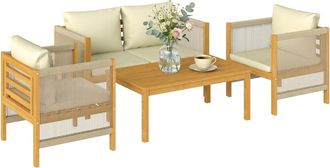 OUTSUNNY Conjunto De Jard&iacute;n Exterior De 4 Piezas, Con Sof&aacute; De 2 Plazas, 2 Sillones, Mesa De Madera De Acacia, Cojines Acolchados Y Cuerda Pp, Beige