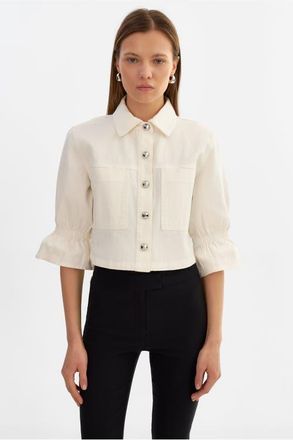 LaMarque Carolina D | Denim Ruffle Sleeve Jacket in White at Nordstrom, Size Xx-Small