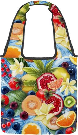 Generic Summer Fruits Pattern Reversible Canvas Shoulder Tote - Double-Sided Print, 12oz Cotton, 27cm Drop, Fold-Flat Bag for Travel, Shopping, Street Outings