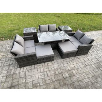 Fimous Wicker pe Rattan Garden Furniture Set Height Adjustable Rising Lifting Table Sofa Dining Set with Double Seat Sofa 2 Big Footstool 2 Side Tables Dark