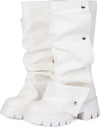 Generic Womens Round Toe PU Leather Mid-Calf Boots Chunky Heel Platform Boots with Studded Pull on Long Boot,White,8.5 UK
