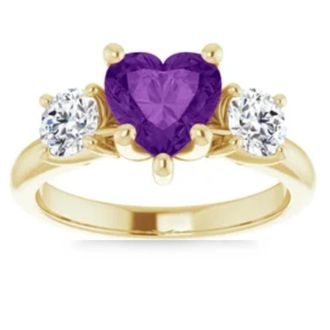 Pompeii3 7mm Amethyst Three-Stone Diamond Heart Shape Ring in 14k White or Yellow Gold