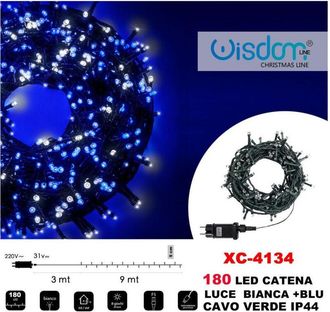 Trade Shop Trade Shop - Catena Luminosa 180 Luci Led Lucciole Luce Bianca + Blu Cavo Verde Ip44 Xc-4134
